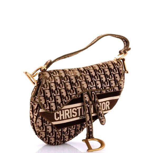 Christian Dior Saddle Handbag Logo Embroidered Oblique Velvet Medium Brown - Picture 2 of 6